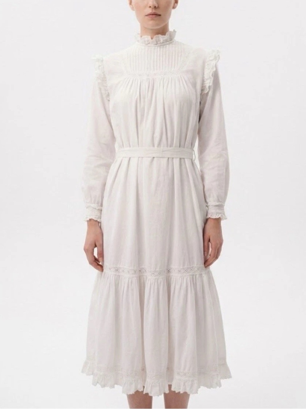 Vintage White Long Sleeve Prairie Midi Dress Cottagecore 1980s - S